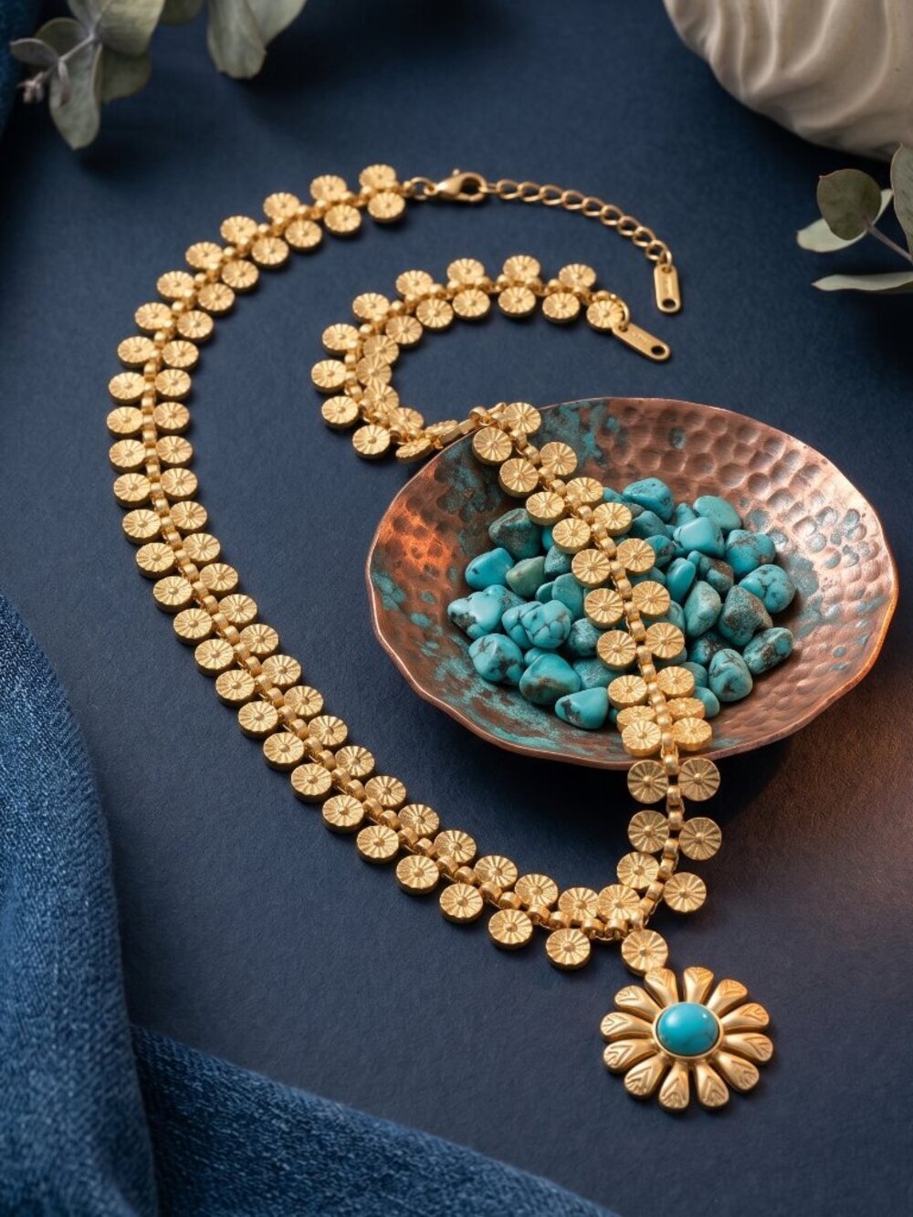 Turquoise Concho Flower Collar Necklace Gold Plated Western Boho Statement 17.5"